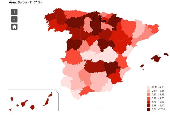 Mapa con la variación anual de la mortalidad por provincia en los que va de año. 