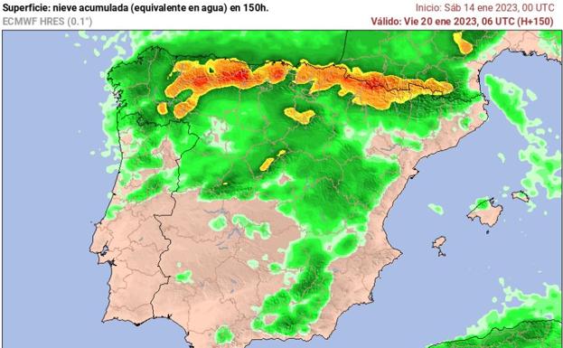 Mapa de la evolución de las nevadas (verde), que cubrirán buena parte de España esta semana.