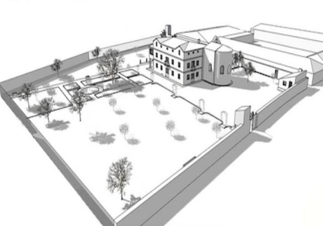 Plano de la propiedad con la casa y la iglesia anexa, finca vallada y granja detrás.
