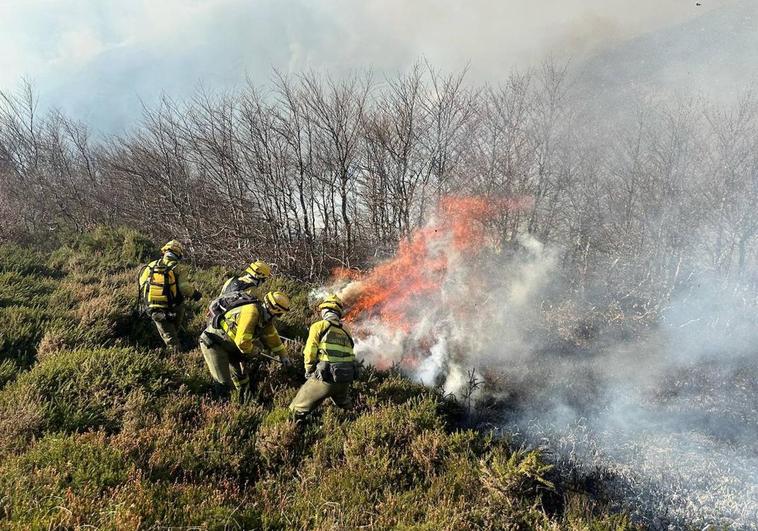 Una cuadrilla de tierra trabaja para sofocar el incendio.