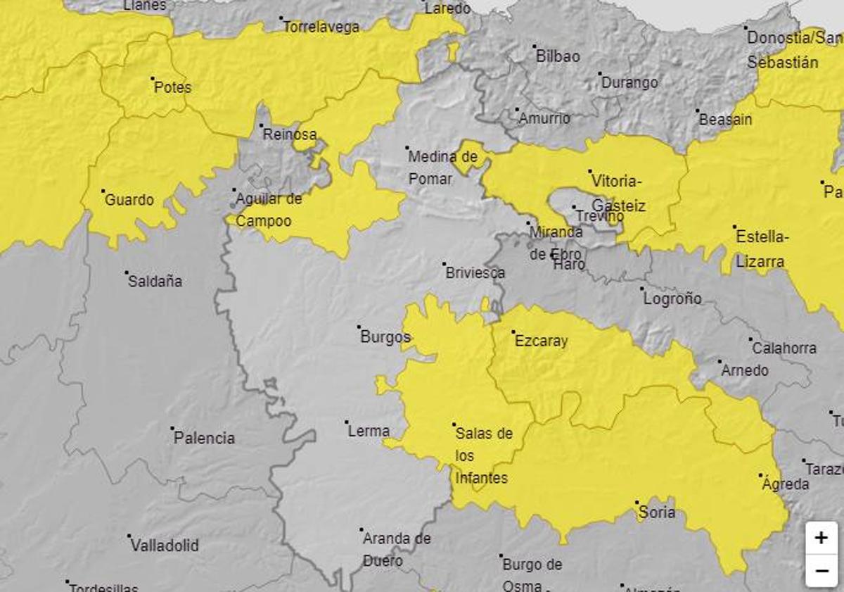 Imagen principal - Evolución de jueves a sábado de los avisos amarillos por rachas de viento y nieve en Burgos