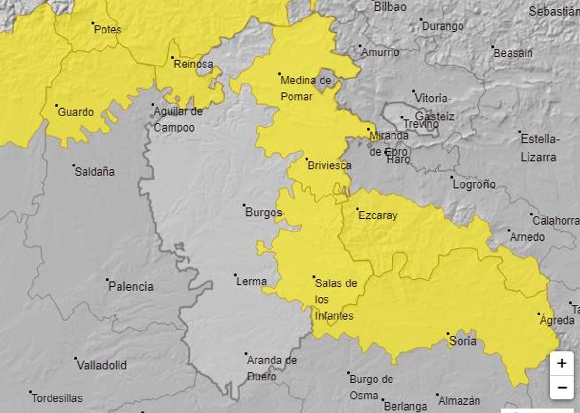 Imagen secundaria 1 - Evolución de jueves a sábado de los avisos amarillos por rachas de viento y nieve en Burgos