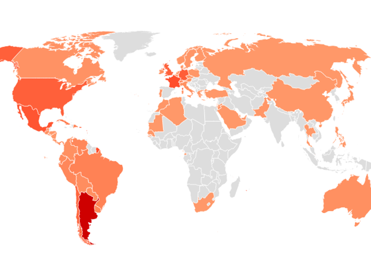 Mapa de países en los que se reparten los 22.812 burgaleses que residen en el extranjero