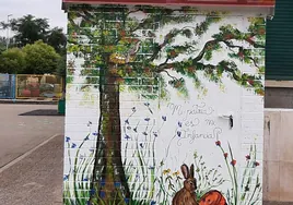 Mural protagonizado por un enunciado atribuid a Delibes en el CEIP Príncipe de España