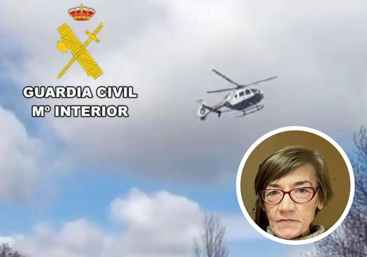 Helicóptero de la Guardia Civil que rastrea la zona. En el círculo la mujer desaparecida.