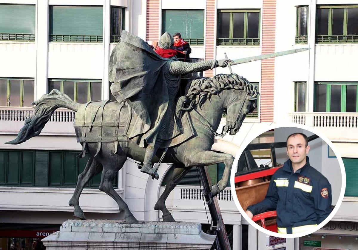 El Cid Campeador con el pañuelo de Sampedros y, a la derecha, el jefe de Bomberos de Burgos.