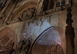 Proyección de las imágenes de la granja del terror de Quintanilla del Coco sobre la Catedral.