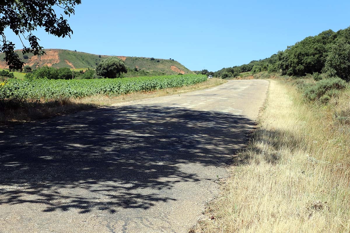 Carretera en mal estado, estrecha, con curvas y en pendiente que lleva a Abajas.