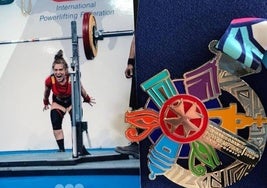 Foto y medalla de María Ibáñez en el campeonato mundial de powerlifting.