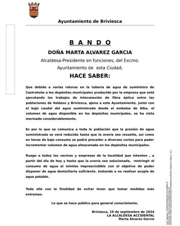 Bando informativo sobre la situación con el agua en Briviesca.