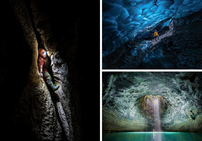 A la izq. Segundo premio 'Abriendo senderos en la oscuridad se llenan de color los días'; arriba a la dcha. Tercer premio y Mención especial para 'Ice Cave Explorer' y abajo, Mención especial para 'SUP in the Poço da Camisa';