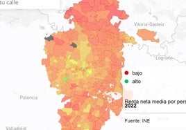 Mapa con la renta por distritos en Burgos.