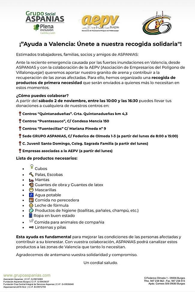 Cartel de la recogida de primera necesidad de ASPANIAS y AEPV