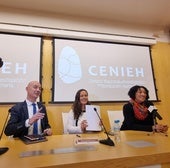 José Miguel García Pérez, María Martinón Torres y Cristina Valdiosera Morales durante la presentación/UCC+I CENIEH.