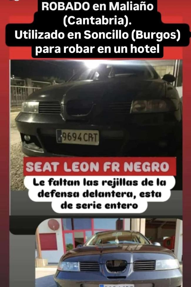 Imagen de redes sociales del coche robado en Maliño, Cantabria.