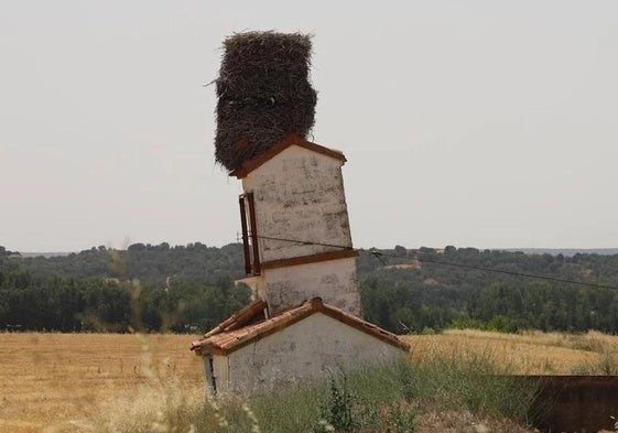 Nido de cigüeña en Burgos que ha hecho ceder la estructura de esta balsa de regadío creando una imagen muy curiosa.