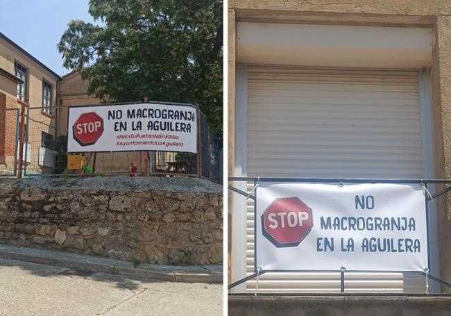 Pancartas contra una macrogranja en La Aguilera, Burgos.