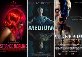 Carteles de las películas 'Strange Darling', 'Oddity' y 'Aterrados'.