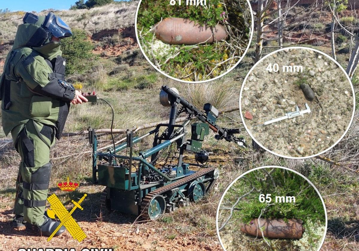 Un especialista en desactivación de explosivos de la Guardia Civil neutraliza los proyectiles localizados.