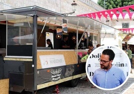 Imagen de archivo de una feria con gastronetas en Burgos y, en el círculo, Francisco José Salvador Luengo, el trabajador eventual que ha renunciado.
