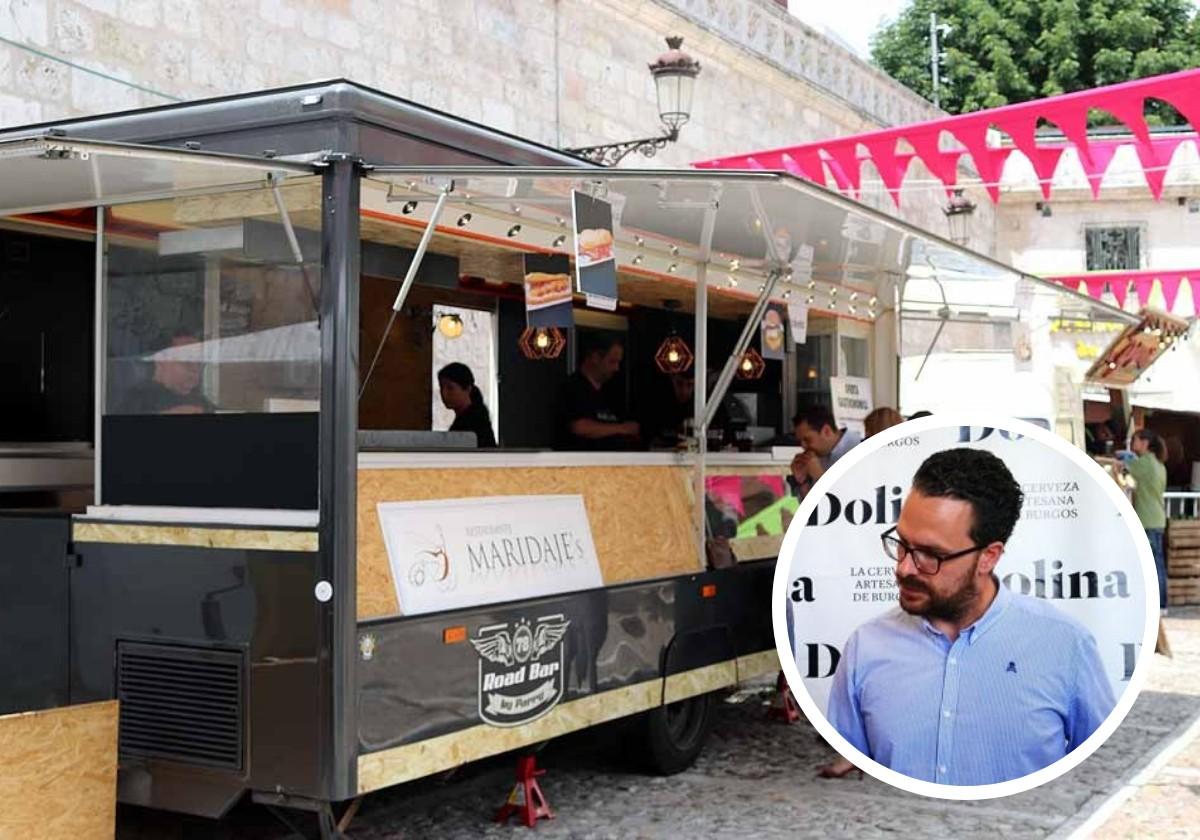 Imagen de archivo de una feria con gastronetas en Burgos y, en el círculo, Francisco José Salvador Luengo, el trabajador eventual que ha renunciado.
