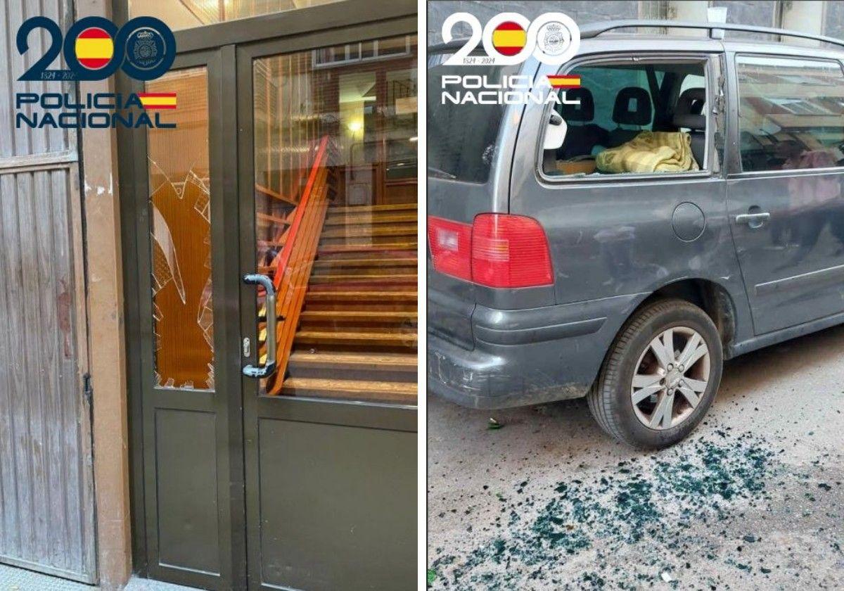 Daños causados por la pelea en un vehículo y un portal de la calle Hospicio de Aranda.