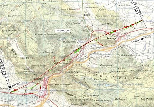 Mapa del tramo de la línea de Alta Velocidad entre Pancorbo y Ameyugo.