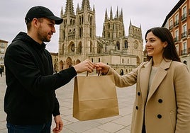 Imagen creada a través de Inteligencia Artificial de un repartidor entregando su pedido a una mujer en Burgos