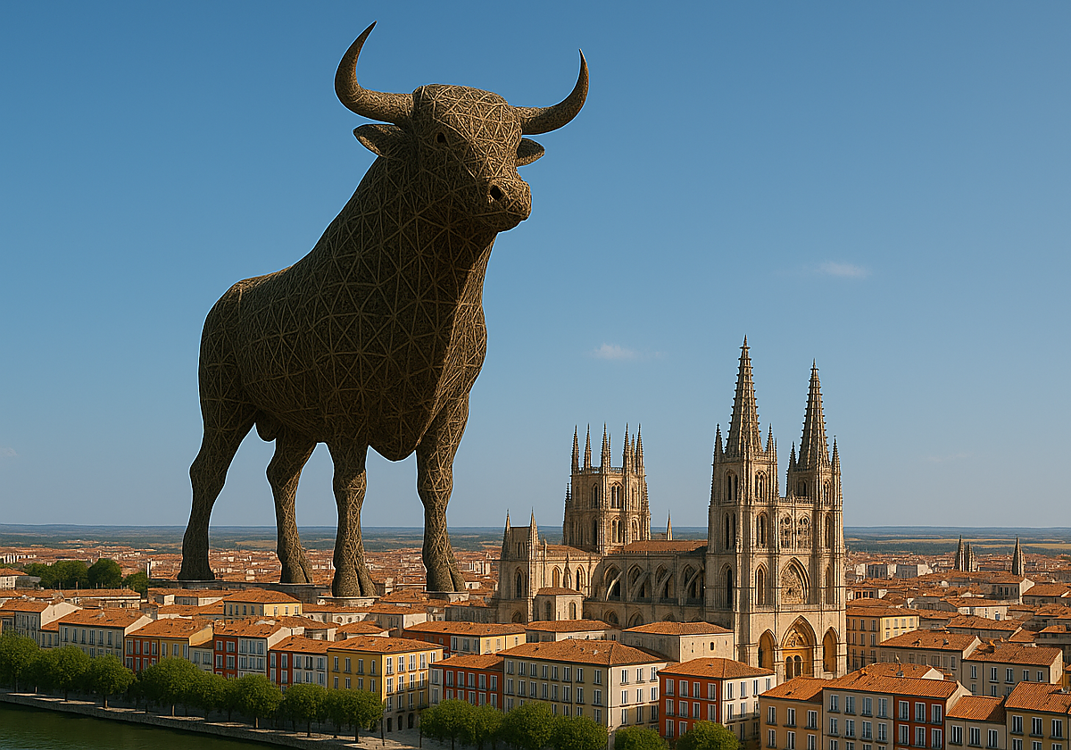 Recreación de la escultura de un toro de 300 metros de altura en Burgos realizada con inteligencia artificial.