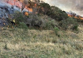 Los brigadistas trabajan en el incendio de Fasgar (León).