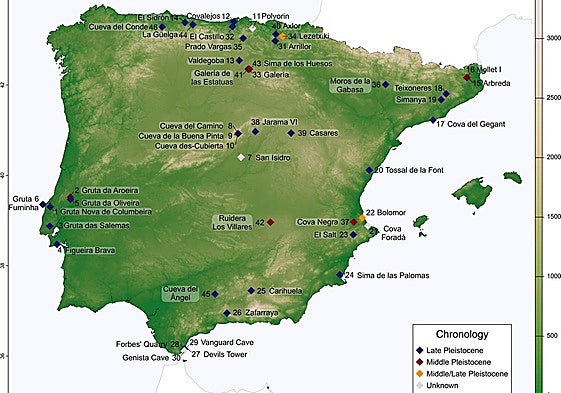 Mapa de los neandertales ibéricos y sus antepasados analizados en este trabajo.