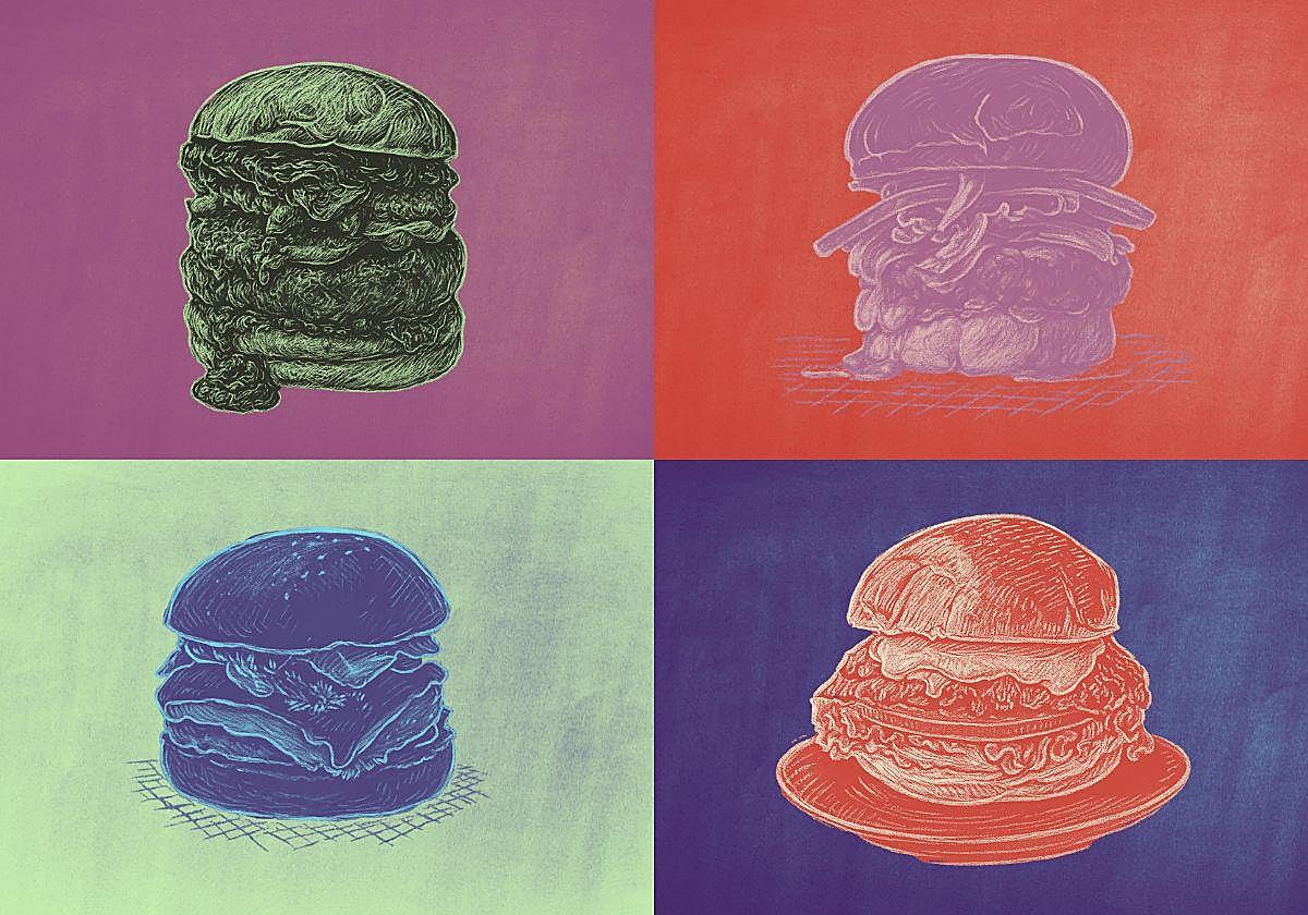 Imagen creada de las cuatro hamburguesas de burgos que participan en el concurso en ilustración