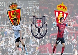 Imágen compuesta por jugadores de los dos equipos de Burgos que participan en la Copa del Rey y el escudo de sus rivales.