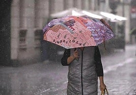 Una mujer se cubre como puede de la lluvia.