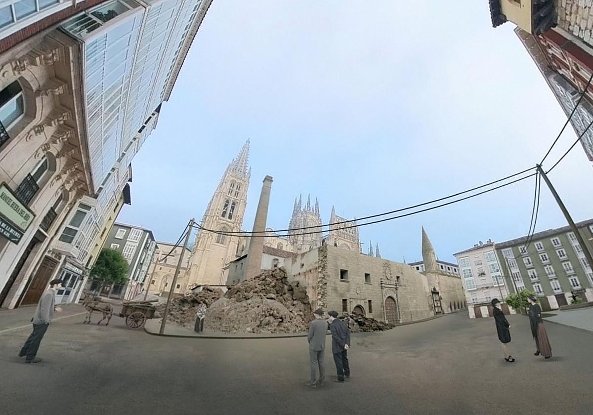 Recreación del palacio arzobispal en la plaza del Rey San Fernando con la Catedral de Burgos detrás.