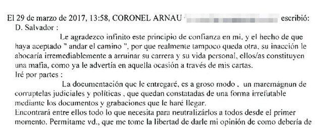 «Neutralizarlos». El exconvicto –Coronel A. es su firma– promete darle a Alba «todo lo que necesita para neutralizarles».