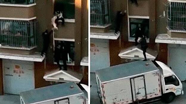 Un bebé cae desde un tercer piso en un incendio y un lechero logra salvarlo