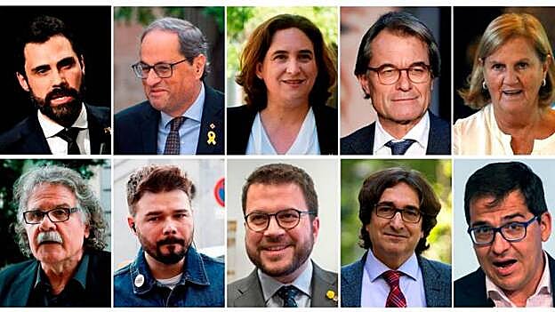Testigos. De izquierda a derecha y de arriba abajo, el presidente del Parlament, Roger Torrent, el presidente de la Generalitat, Quim Torra, la alcaldesa de Barcelona, Ada Colau, el expresidente de la Generalitat Artur Mas, la expresidenta del Parlament Núria de Gispert, el diputado nacional de ERC Joan Tardá, el diputado nacional de ERC Gabriel Rufián, el vicepresidente del Govern y adjunto a la presidencia de ERC, Pere Aragonès, el miembro de la Mesa del Parlament por el PSC David Pérez, y el vicepresidente segundo y diputado de Ciudadanos, José María Espejo-Saavedra. / Efe.