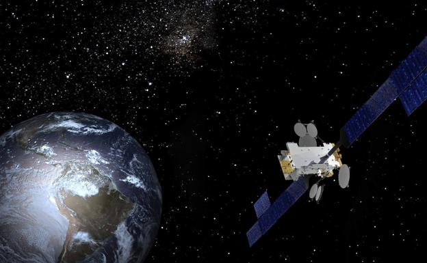 Imagen principal - Arriba: recreación del futuro satélite Amazonas Nexus de Hispasat en el espacio. Abajo-izquierda: instalación de un punto WiFi vía satélite en un poblado colombiano. Abajo-derecha: lanzamiento del satélite Hispasat 30W-6.