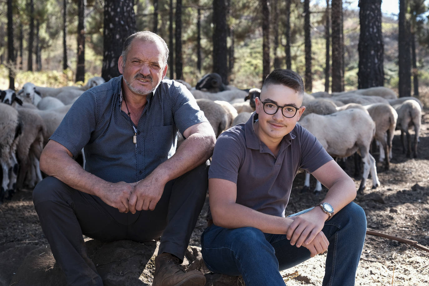 Juan Antonio Mayor y su hijo pastorean con su pequeño ganado en la cumbre grancanaria. 