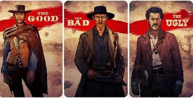 Cartel de la película El bueno, el feo y el malo, dirigida por Sergio Leone.