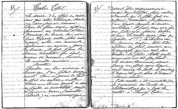 Receta manuscrita de Marie Souchon para hacer la tarta Tatin. Universidad de Lieja.