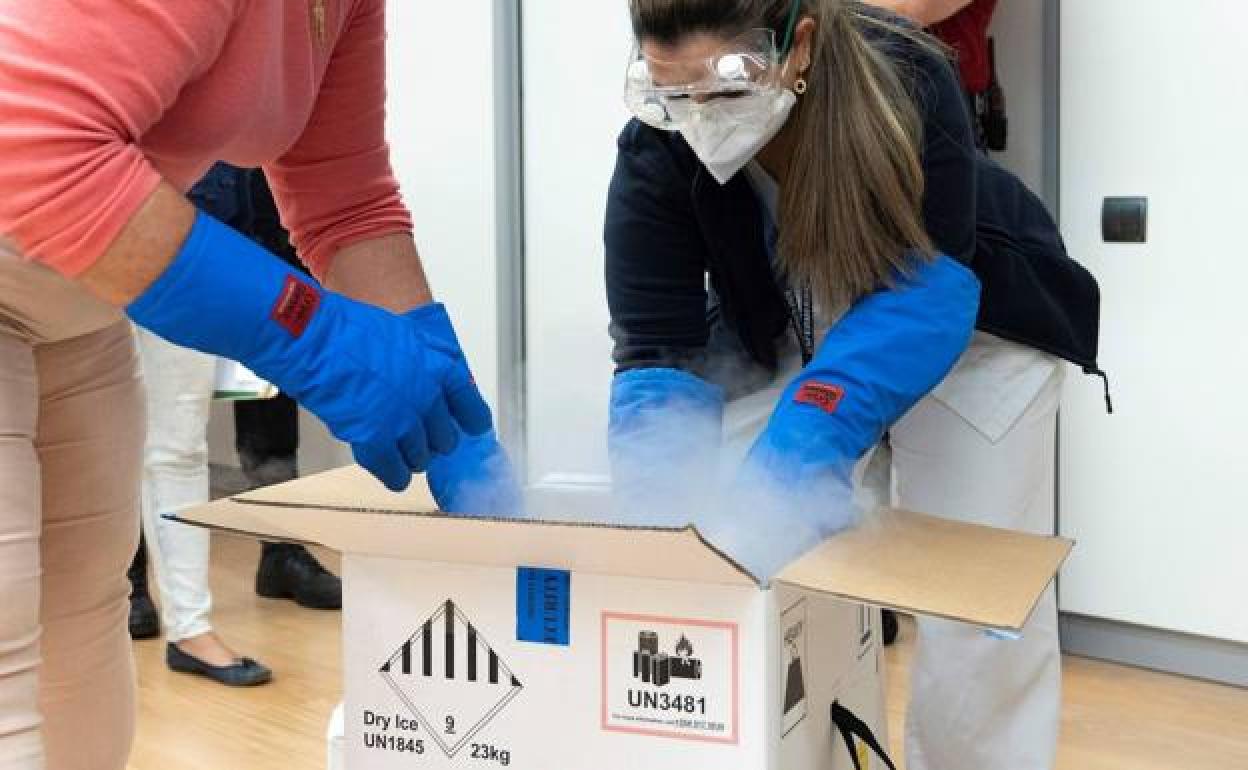 Imagen de un contenedor con hielo seco en el que se trasladan las vacunas Pfizer. 