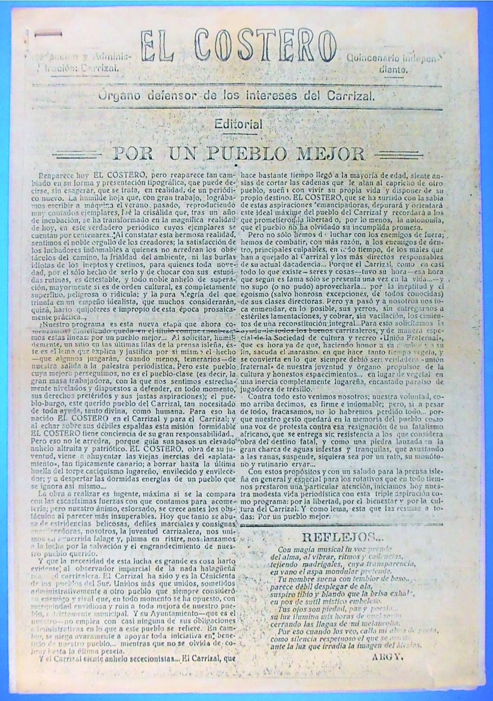 Un ejemplar de El Costero con un editorial reivindicativo.