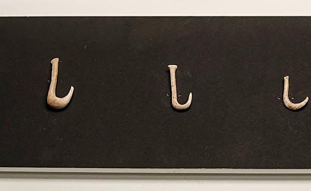 Anzuelos recuperados de yacimientos prehispánicos, en el Museo Canario. 