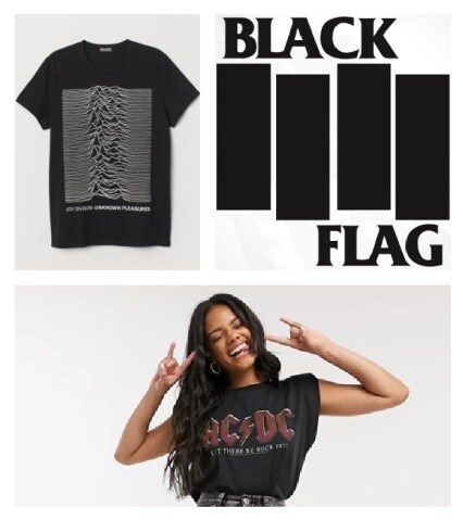 Camiseta de Joy Division de H&M, logo de Black Flag (diseñado por Raymond Pettibon) y camiseta de AC/DC de ASOS (el grupo propietario de cadenas como Topshop).