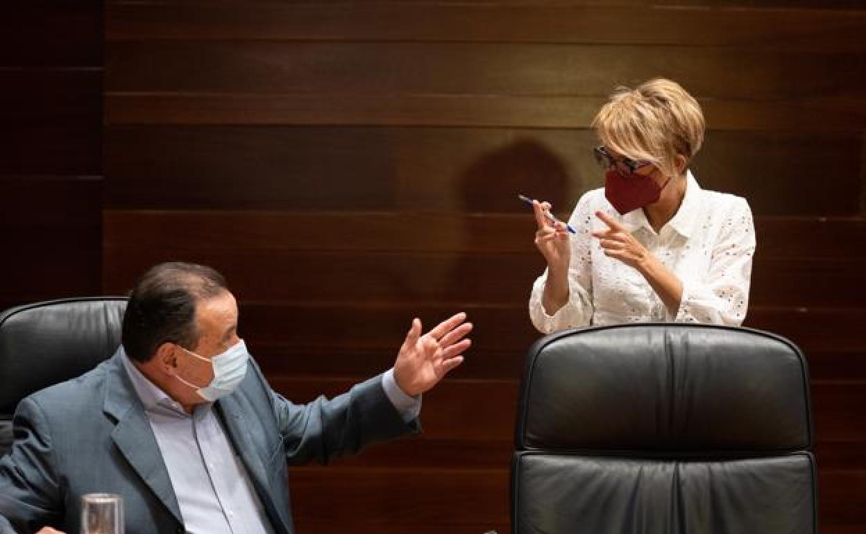 La consejera de Empleo, Elena Máñez, con su compañero Blas Trujillo, ayer en el Consejo. 