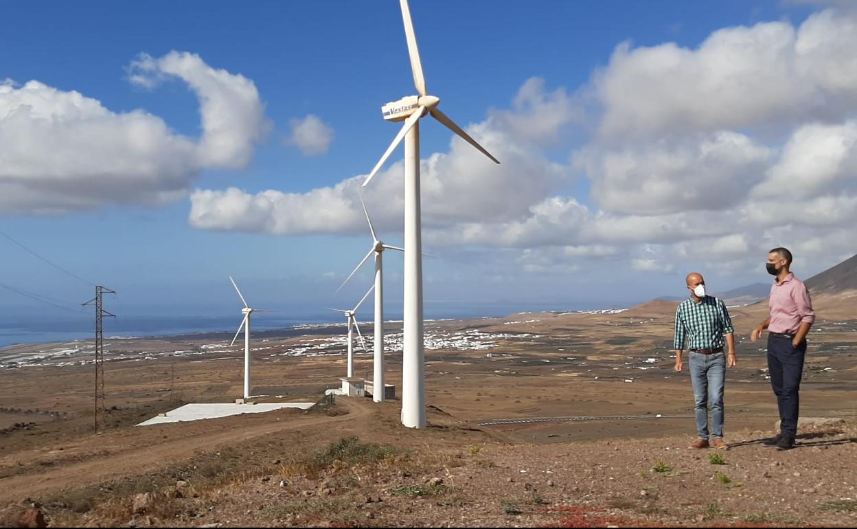 Representantes de San Bartolomé en el parque eólico a desmontar. 