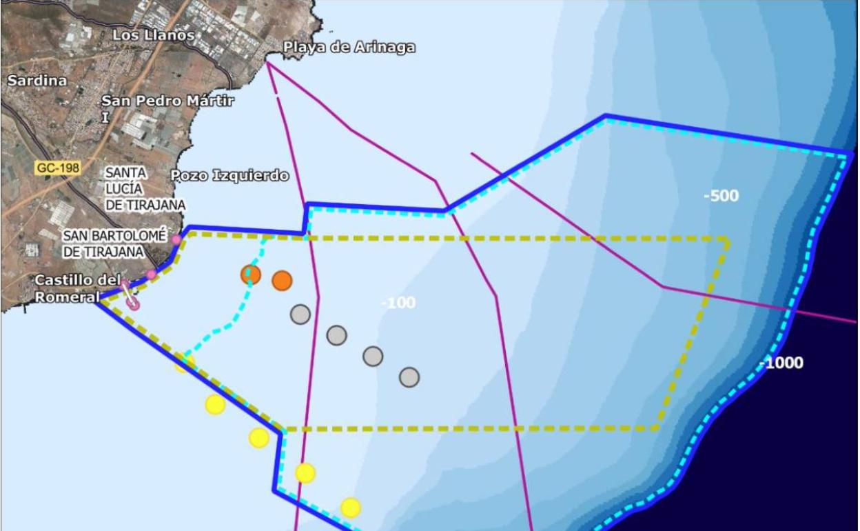 Ubicación de varios proyectos de parques eólicos marinos en aguas del sureste de Gran Canaria. 