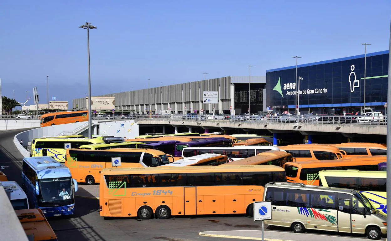 Imagen de las guaguas esperando en el aeropuerto de Gran Canaria. 